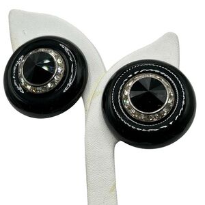 Vintage Joni 1980’s Black Glass Rivoli Rhinestone Clip Earrings